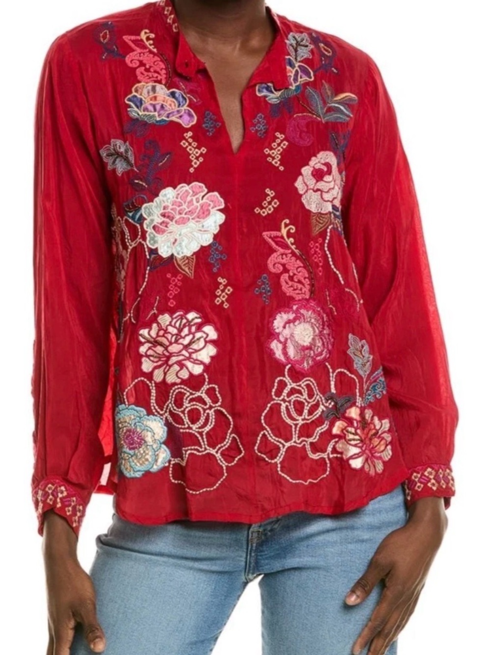 Johnny Was Red Embroidered Floral Garden Cottagecore Boho Blouse Size 1X